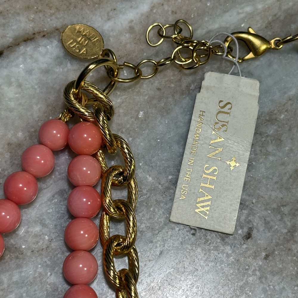 NWT SUSAN SHAW Pink and Gold Beaded Oyster Necklace - Picture 5 of 6